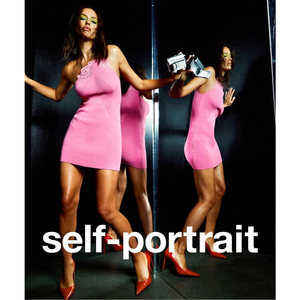 NWT‎ SELF-PORTRAIT Rib Knit Lace Trim One Shoulder Y2K Coquette Bodycon Dress M